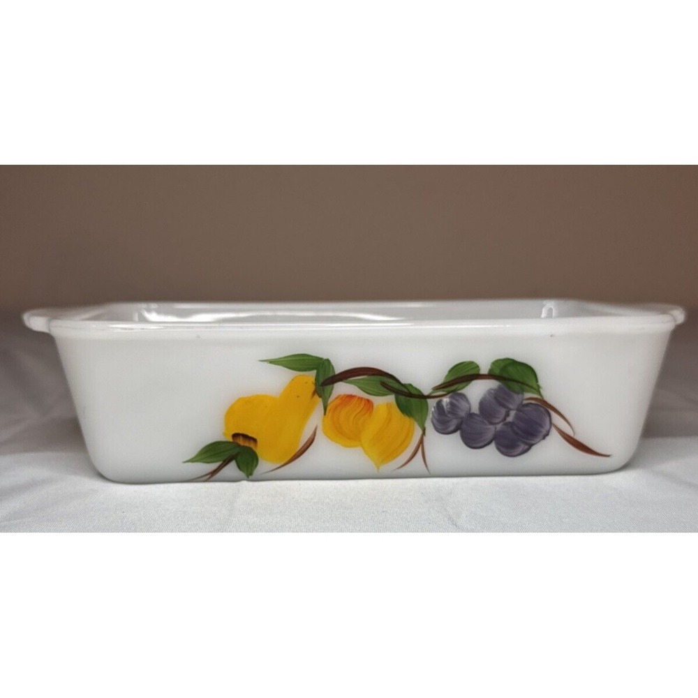 VINTAGE ANCHOR HOCKING FIRE KING GAY FAD FRUIT #409 1 QT LOAF BAKING DISH USA